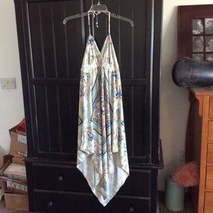 Boston Proper Cream and Blue Paisley Handkerchief Hem Halter Dress